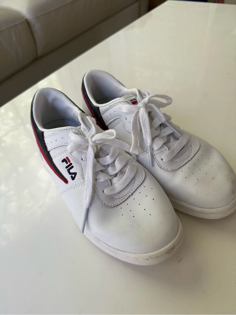 FILA White Sneakers with Black & Red Swoosh